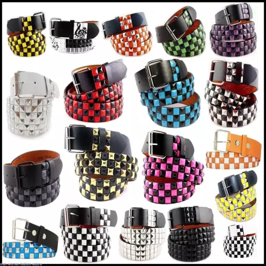 Mens Womens 3-Row Metal Pyramid Studded Leather Belt Checker Punk Rock Goth Emo