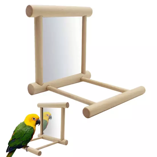 New Bird Mirror With Perch Parrot Wood Perches Cage Swing Toy Parakeet Cockatiel