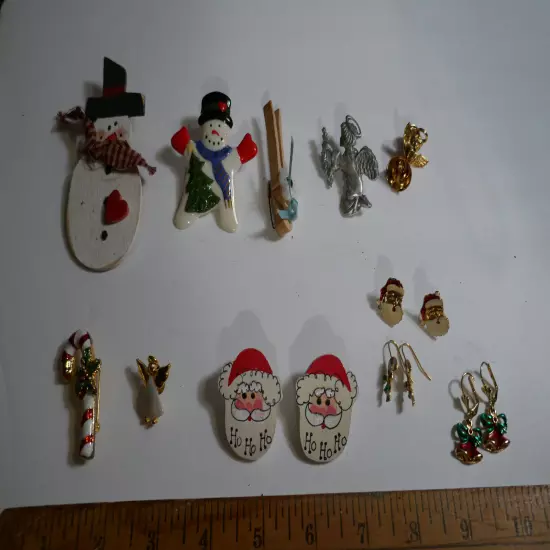 Vintage Christmas earrings & pin LOT Santa , Snowman & Angels 11 pcs