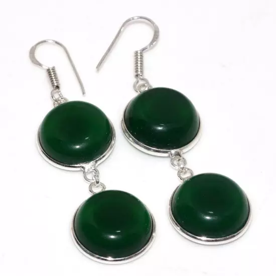 925 Silver Plated-Green Onyx Ethnic Gemstone Long Earrings Jewelry 2.5" GW