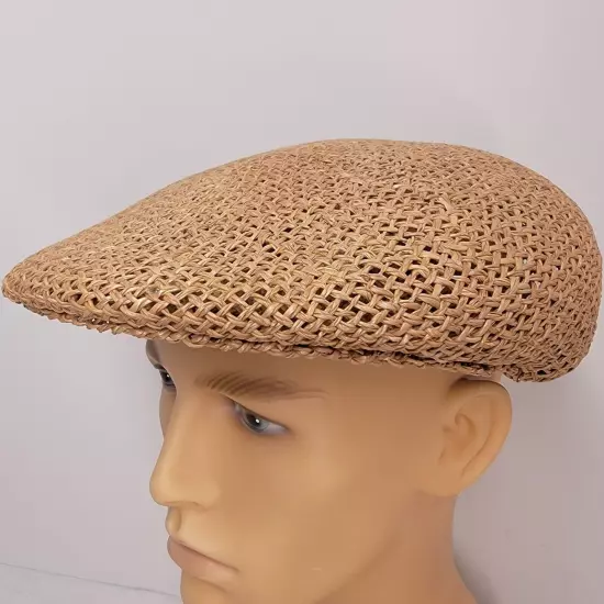 TLS Classic Newsboy Cap Mens Tan Woven Straw Unisex Casual Golf Tennis SIZE M