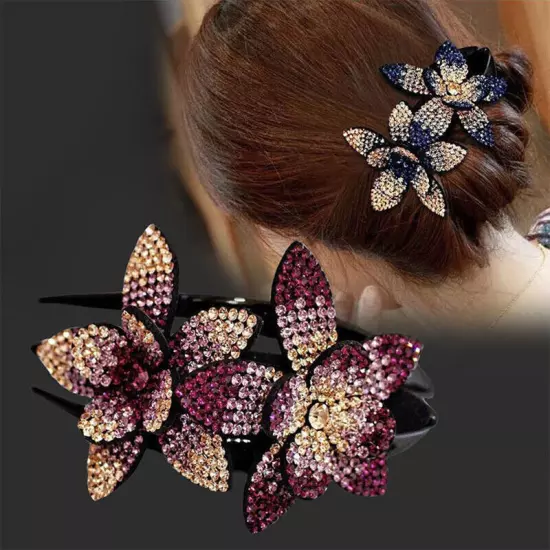 Ladies Rhinestone Double Flower Hair Clip Barrettes Crystal Comb Large Catch 1x-