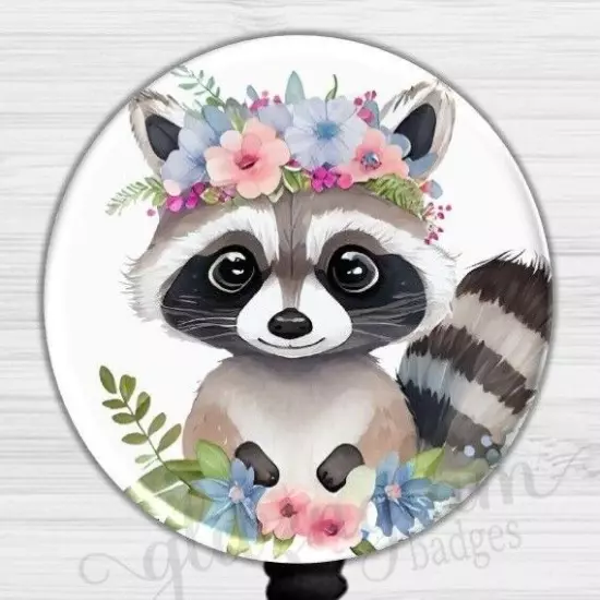 Baby Raccoon Nurse Badge Holder, Flower Badge Reel, Medical ID Retractable 6576