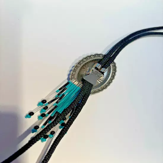 Southwestern Bolo Tie, Hammered silvertone metal with beading