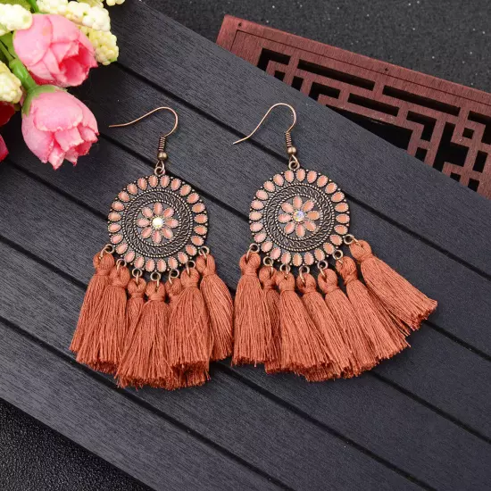 Fashion Women Bohemian Earrings Long Tassel Fringe Drop Dangle Ear Stud Jewelry