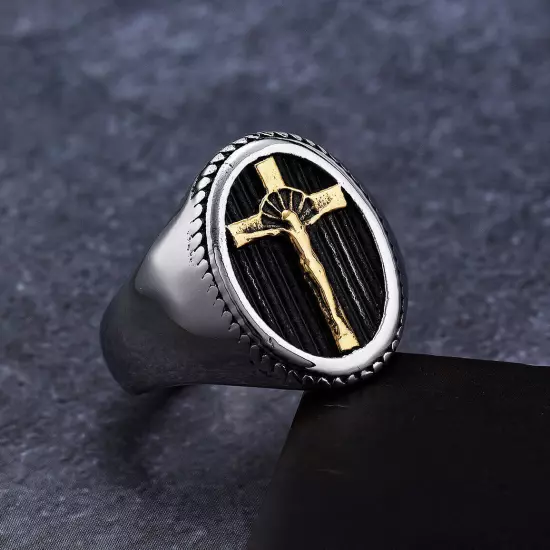 Vintage Jesus Cross Oval Signet Ring Stainless Steel Men Women Fashion Punk Ring