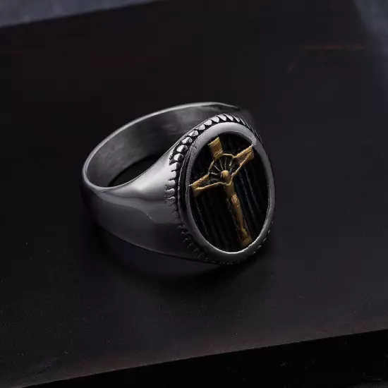 Vintage Jesus Cross Oval Signet Ring Stainless Steel Men Women Fashion Punk Ring