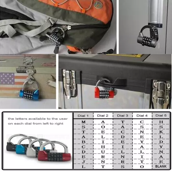 Combination Padlock - 5 dials, Locker Locks Set Your own Word Combination Pad...