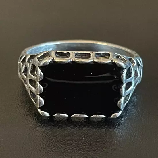 Trendy Black Obsidian Stone S925 Silver Plated Women Men Statement Ring Size 9.5