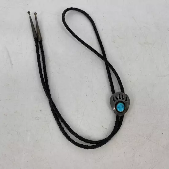 Vintage Navajo Southwest Style Sterling Silver Turquoise Bear Claw Bolo Tie 36in