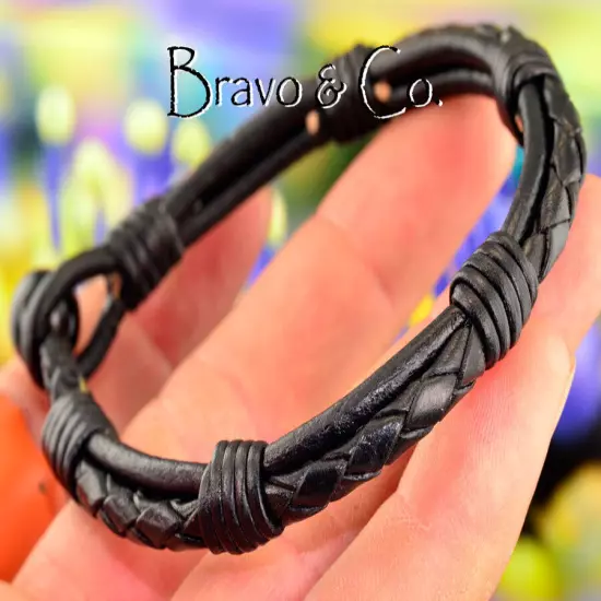 Armband Wristband Leather & Black Onyx Men Bracelet 5B-044