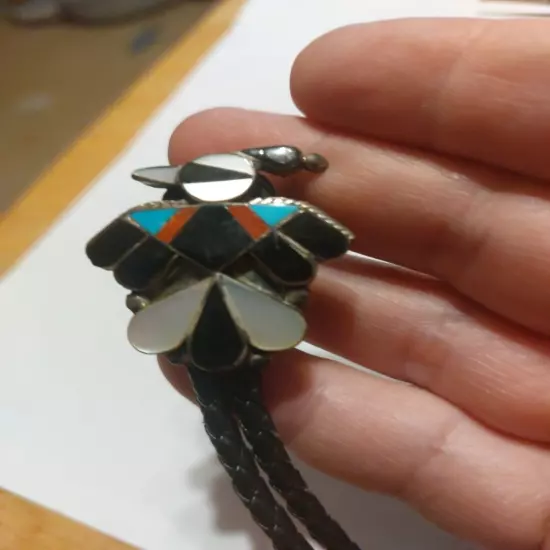 Vintage Not Signed ? Zuni ? Thunderbird Bolo Tie Inlay Native American F27 