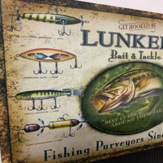 Lunker's Lures Bait & Tackle Vintage Fishing Retro Tin Metal Sign 16”x12.5” NEW!