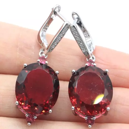 Fantastic Oval Gemstone Raspberry Rhodolite Garnet CZ Silver Earrings 