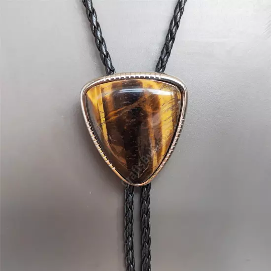 Triangle Tiger-eye Stone Western Cowboy Mens Bolo Tie PU Rope Wedding Necktie