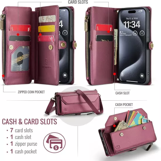 Crossbody Wallet Case Compatible with iPhone 15 Pro RFID Blocking 7 Card Holder