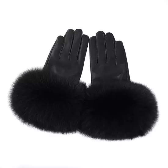 Women Genuine Lambskin Leather Gloves With Real Fox Fur Trim Cuff Winter Warm