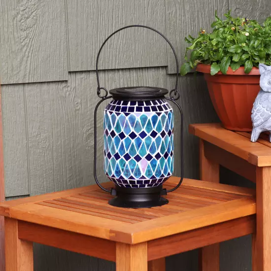 Cool Blue Mosaic Glass Outdoor Solar LED Lantern - 8 in by Sunnydaze