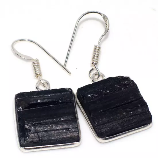 Black Tourmaline 925 Silver Plated Gemstone Earrings 1.5" Superb Gift GW