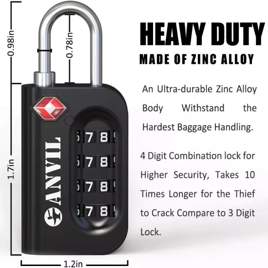 ANVIL TSA Approved Luggage Lock - 4 Digit Combination, 10,000 Combinations, Easy