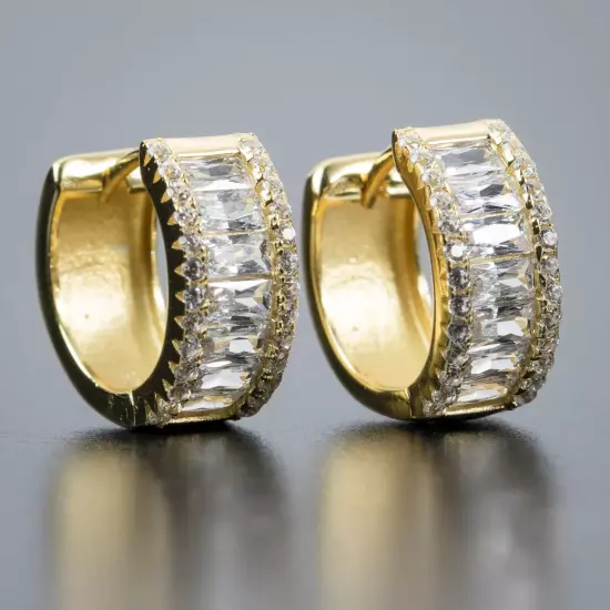 14K Gold Plated Men's Thick 925 Sterling Silver Iced Cz Baguette Hoop Earrings