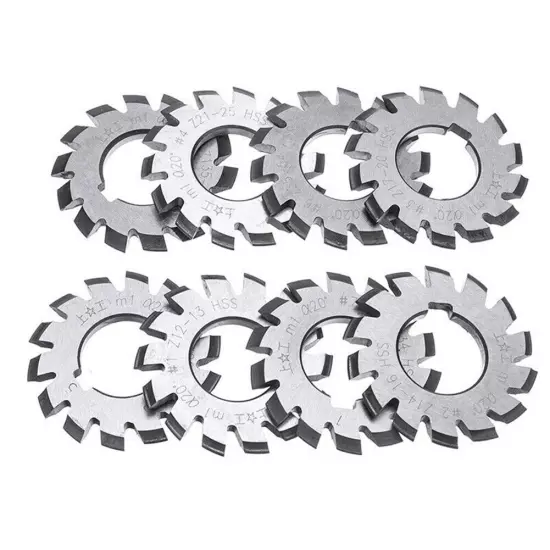 8pcs HSS M1-Diameter 22mm PA20° 20 Degree #1-8 Involute Gear Cutters-Set New