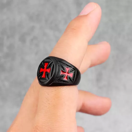 Red Cross Knights Templar Maltese Black Stainless Steel Mens Punk Biker Ring