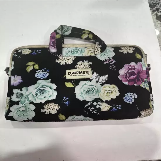 Dachee Laptop Shoulder Messenger Bag Black Peony Pattern Waterproof