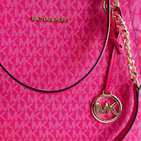 Michael Kors Jet Set Travel Large Chain Shoulder Tote MK Logo Bag Electric Pink