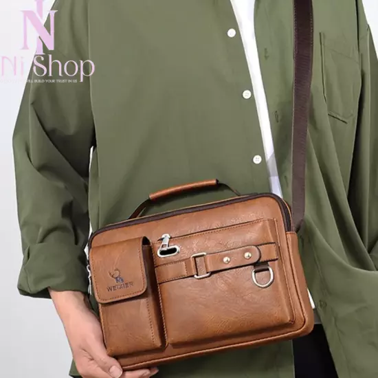 Men Messenger Bag Shoulder Briefcase Portable PU Leather Handbag Crossbody Brown