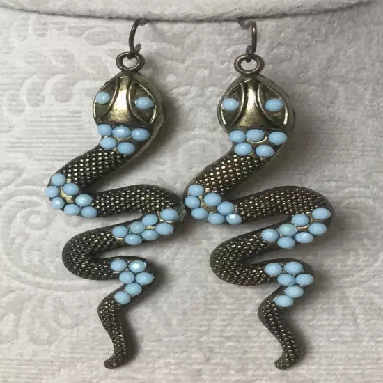 Statement Snake Viper Dangle Earrings Textured Brass Tone Blue Beads