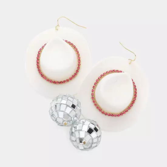 White Cowboy Hat Disco Ball Link Dangle Earrings