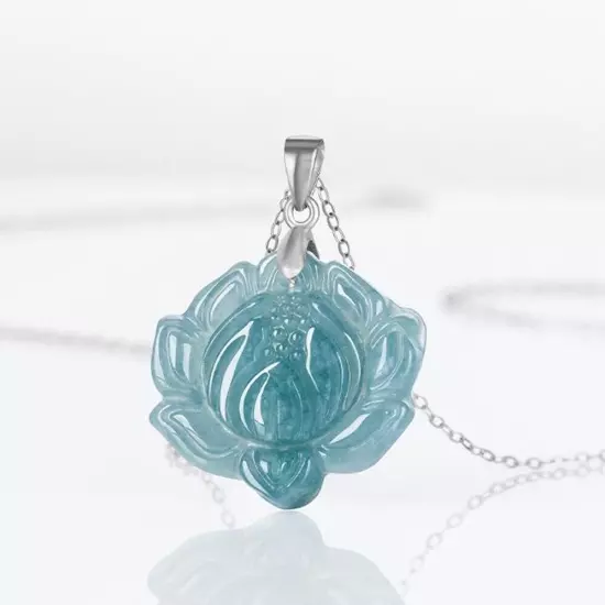 Certified Natural Blue Burma A Jade jadeite Lotus S925Silver Pendant Necklace