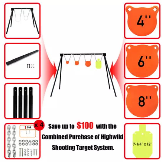 AR500 Steel Shooting Target Stand System(Stand, Chains&4"6"8" Gong+7"x 12"Torso)