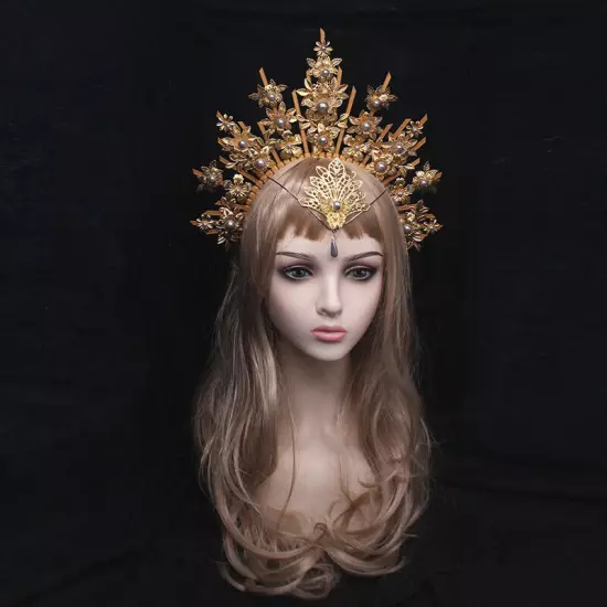 Antique Women Baroque Cross Goddess Halo Crown Headband Virgin Mary Headpieces