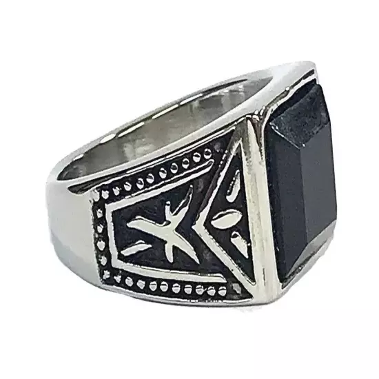 Stainless Steel Men’s Biker Style Ring Size 8 Black CZ Stone 7+ Grams