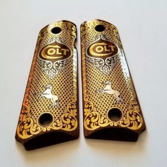 COLT 1911 custom engraved wood grips gold silver rampant horse logo Scroll #2