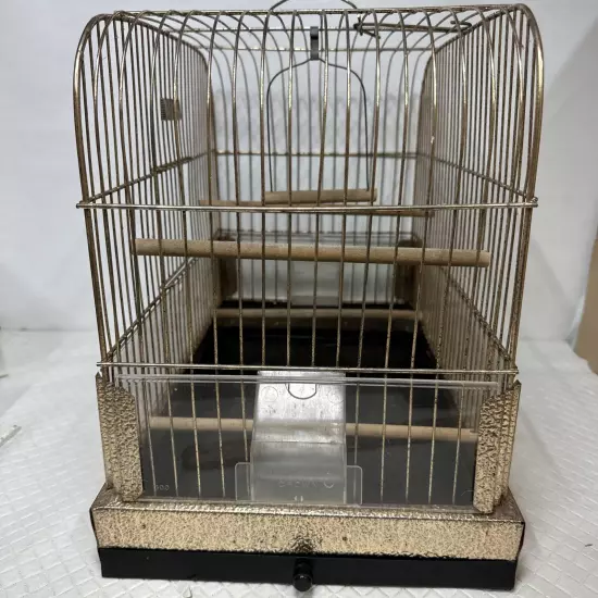 Vintage Crown Mid Century Art Deco Gold Chrome Bird Cage Peafowl Seed Catcher