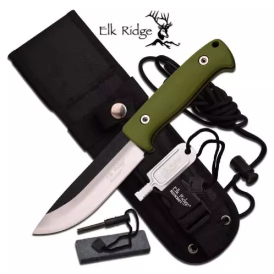 FIXED BLADE SURVIVAL KNIFE | Elk Ridge Green Fire Starter Sharpener Set ER-555GN