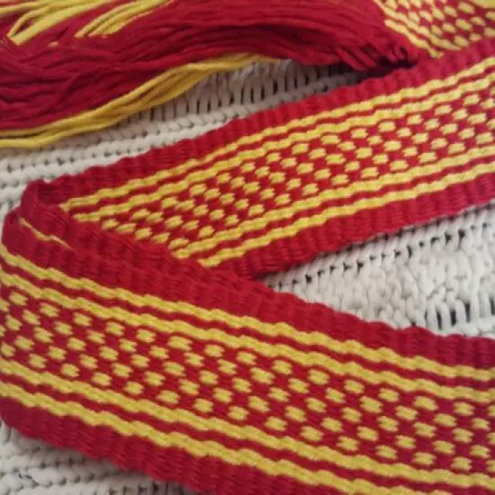 Item20192435 Powder horn strap belt red and yellow cotton 33" long x 1 3/8"