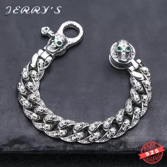 13MM Heavy Solid 925 Sterling Silver Cuban Link Skulls Pattern Bracelet Vintage