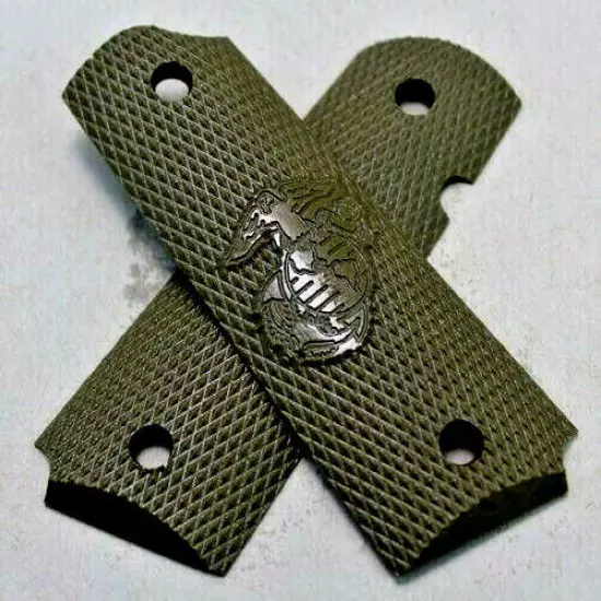 79_5404odgb USMC EGA 1911 Govt Full Checker OD Green G10 Beveled MSH Pin Grips