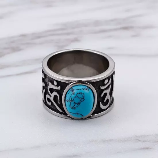 14MM Width Mantra Runes Band Men Stainless Steel Blue Turquoise Inlay Biker Ring