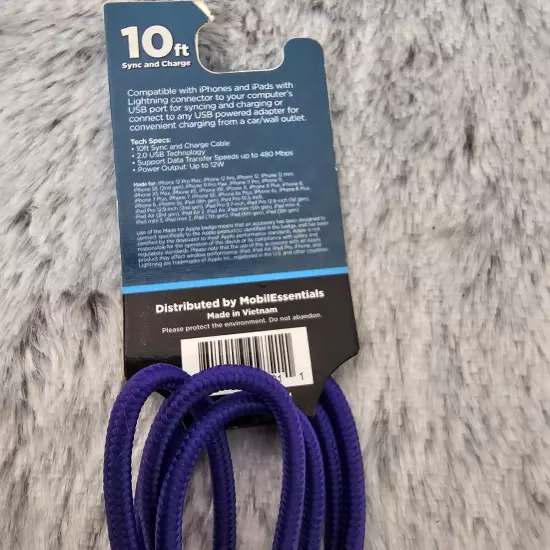 Cordzilla 10ft Rapid Charge Apple to USB Braided Nylon Cable Iphone Ipad Purple