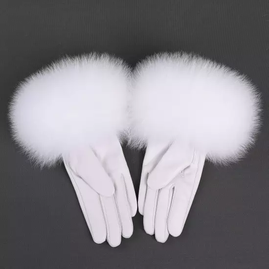 Women Genuine Lambskin Leather Gloves With Real Fox Fur Trim Cuff Winter Warm