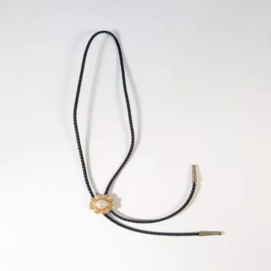 Bolo Tie Black Braided Cord and Faux Pearl Circle Slide Pendant Gold Tone