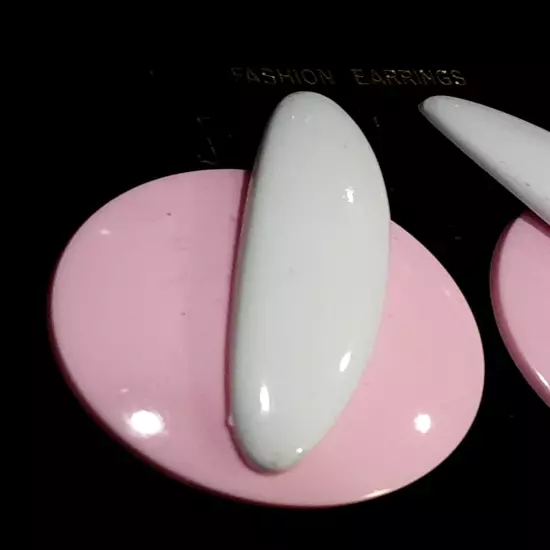 Vintage HUGE 1980s Pink White Plastic 3" Boutique Dangle Pierced Earrings