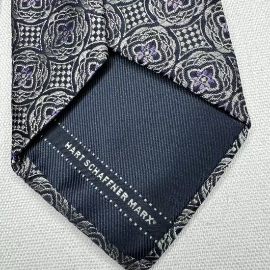 HART SCHAFFNER MARX Men's 100% Silk Necktie Designer Geometric Silver/Purple EUC