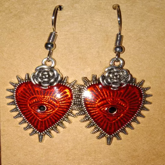 Red Enamel with Evil Eye, Heart shaped, Silvertone, Pierced Dangle Earrings Goth