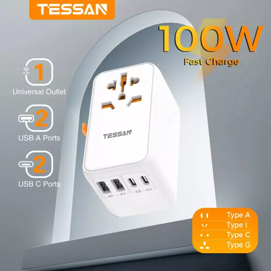 100W Universal Travel Adapter with USB and Type-C Fast Charging Power Adapter